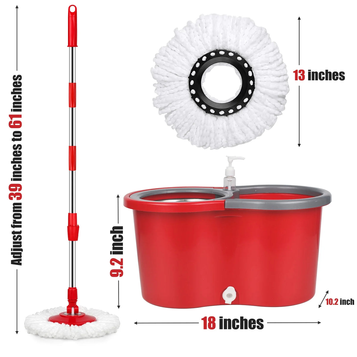 Red & Gray Microfiber Spin Mop and Bucket with 3 Mop Heads D138206