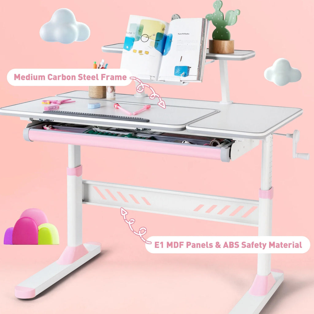 Pink Kids Study Desk and Chair Set with Writing Board, Drawer, Bookstand U68812