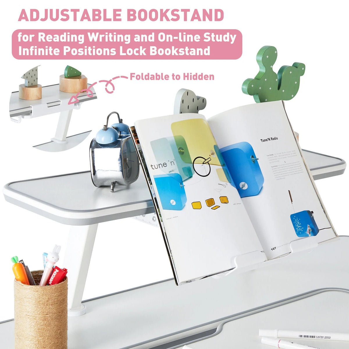 Pink Kids Study Desk and Chair Set with Writing Board, Drawer, Bookstand U68812