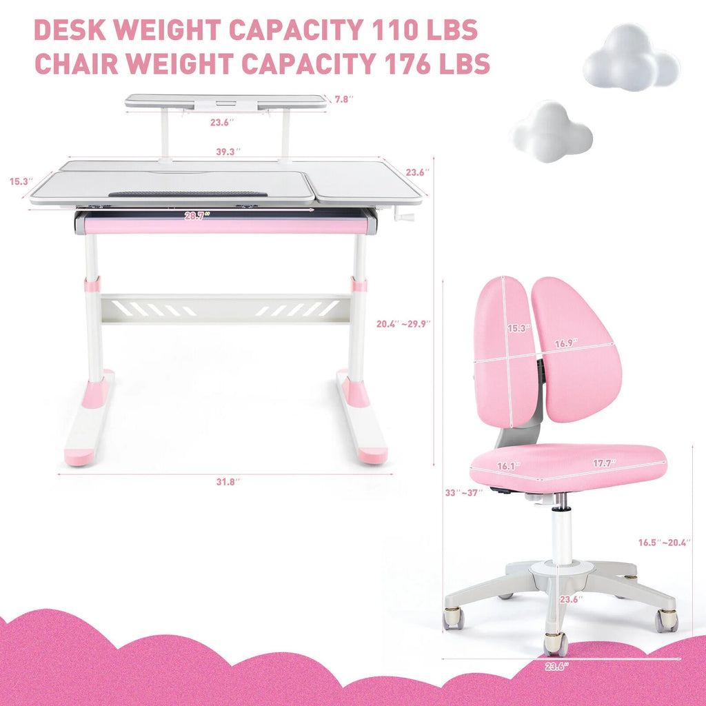 Pink Kids Study Desk and Chair Set with Writing Board, Drawer, Bookstand U68812
