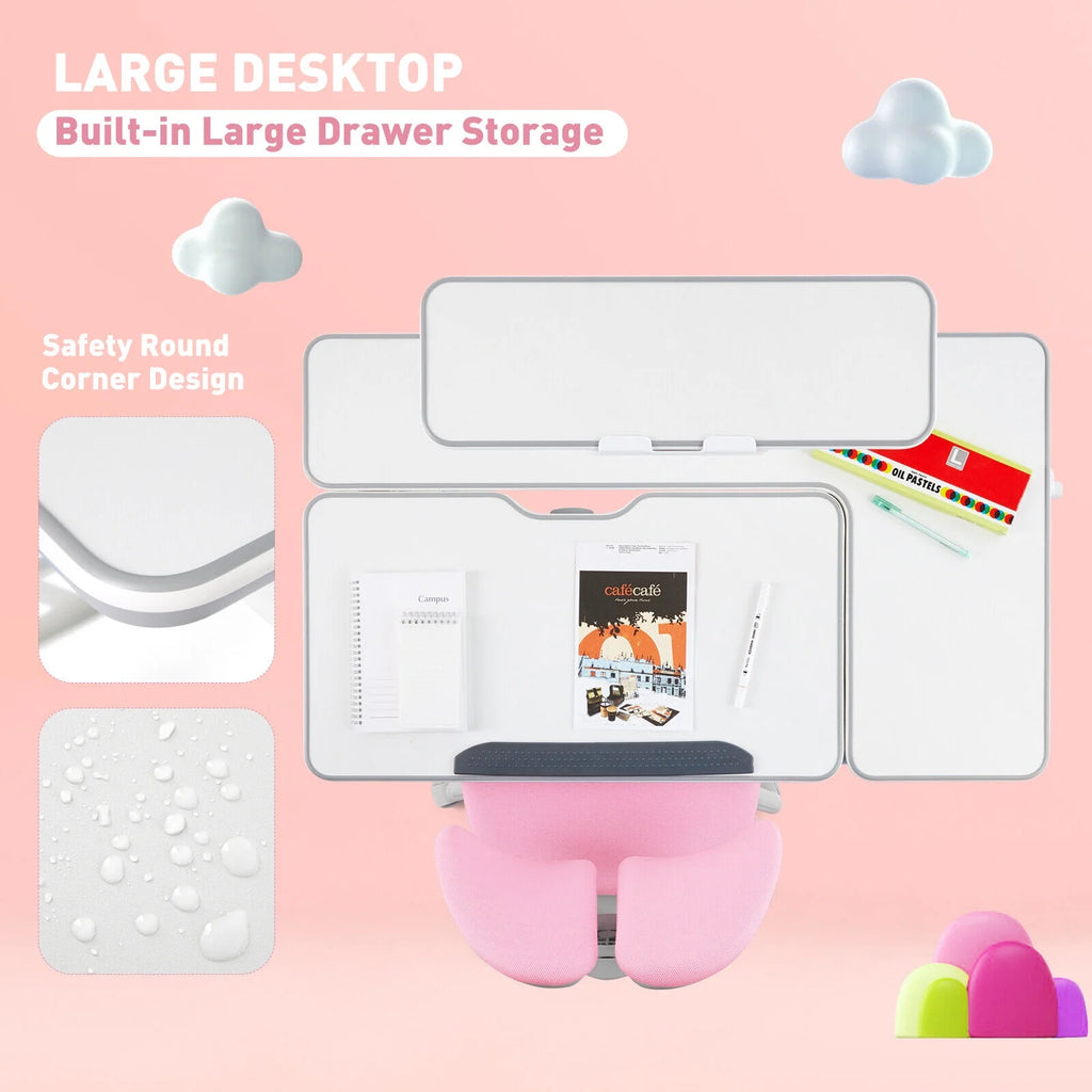 Pink Kids Study Desk and Chair Set with Writing Board, Drawer, Bookstand U68812