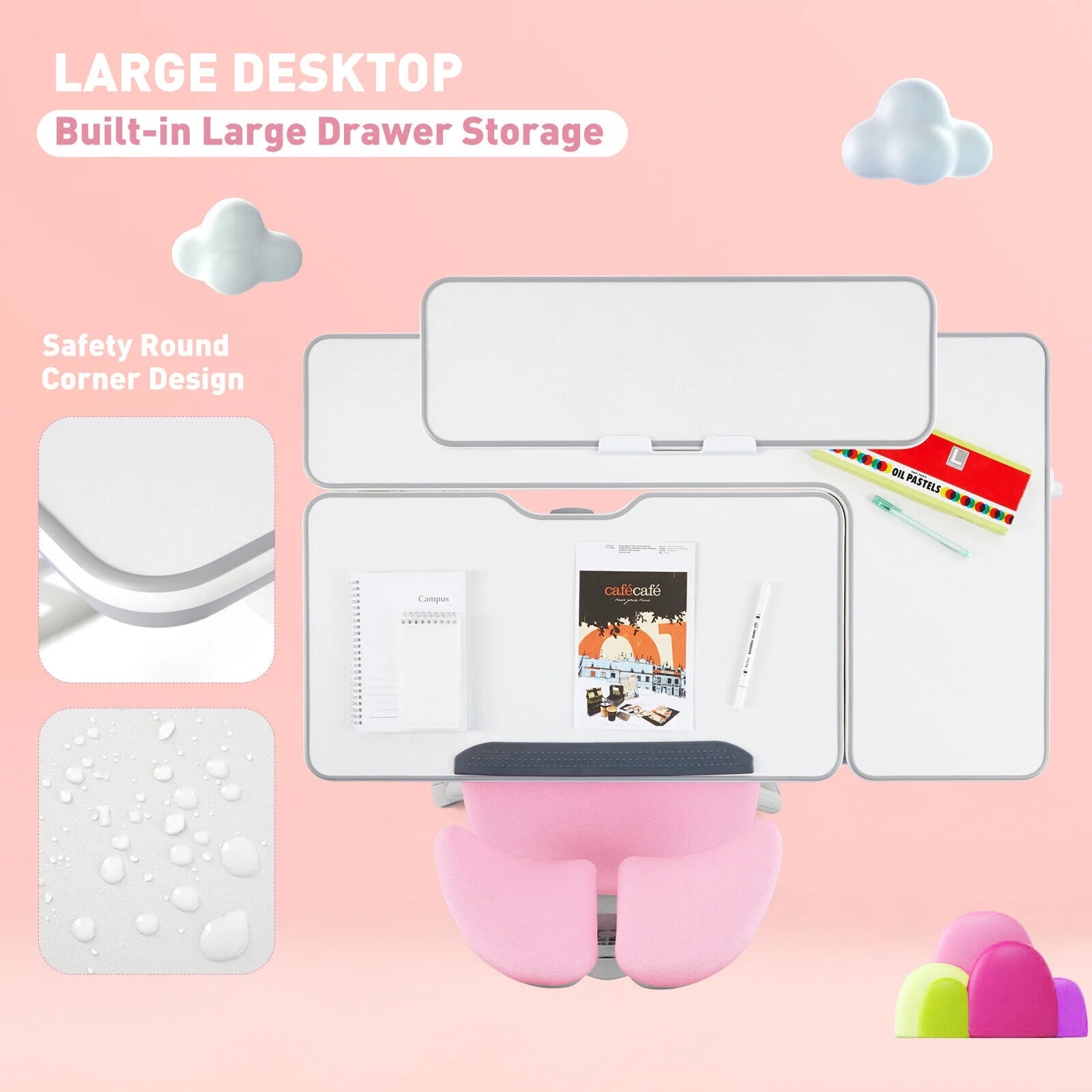 Pink Kids Study Desk and Chair Set with Writing Board, Drawer, Bookstand U68812