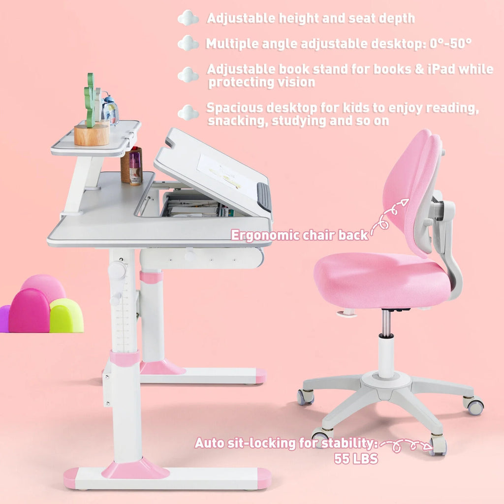 Pink Kids Study Desk and Chair Set with Writing Board, Drawer, Bookstand U68812