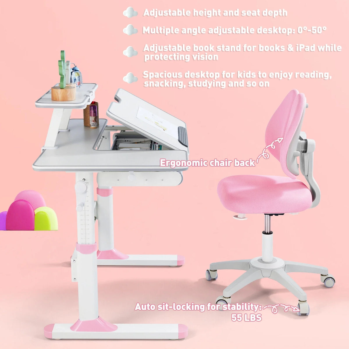Pink Kids Study Desk and Chair Set with Writing Board, Drawer, Bookstand U68812