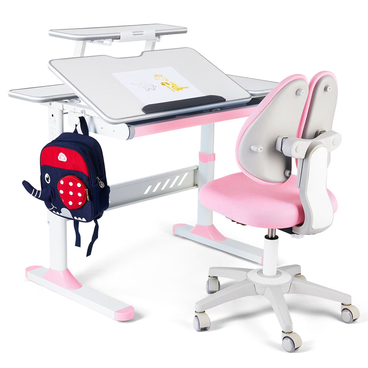Pink Kids Study Desk and Chair Set with Writing Board, Drawer, Bookstand U68812