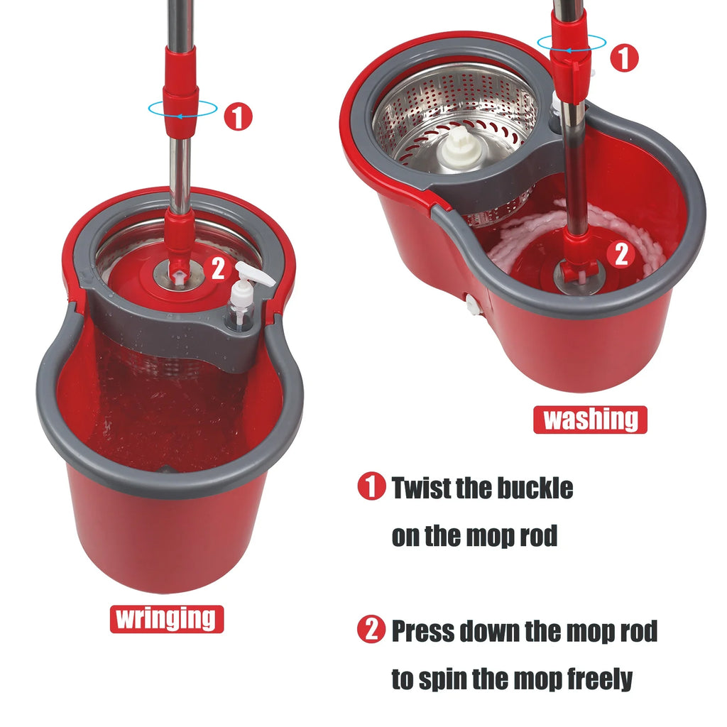 Red & Gray Microfiber Spin Mop and Bucket with 3 Mop Heads D138206