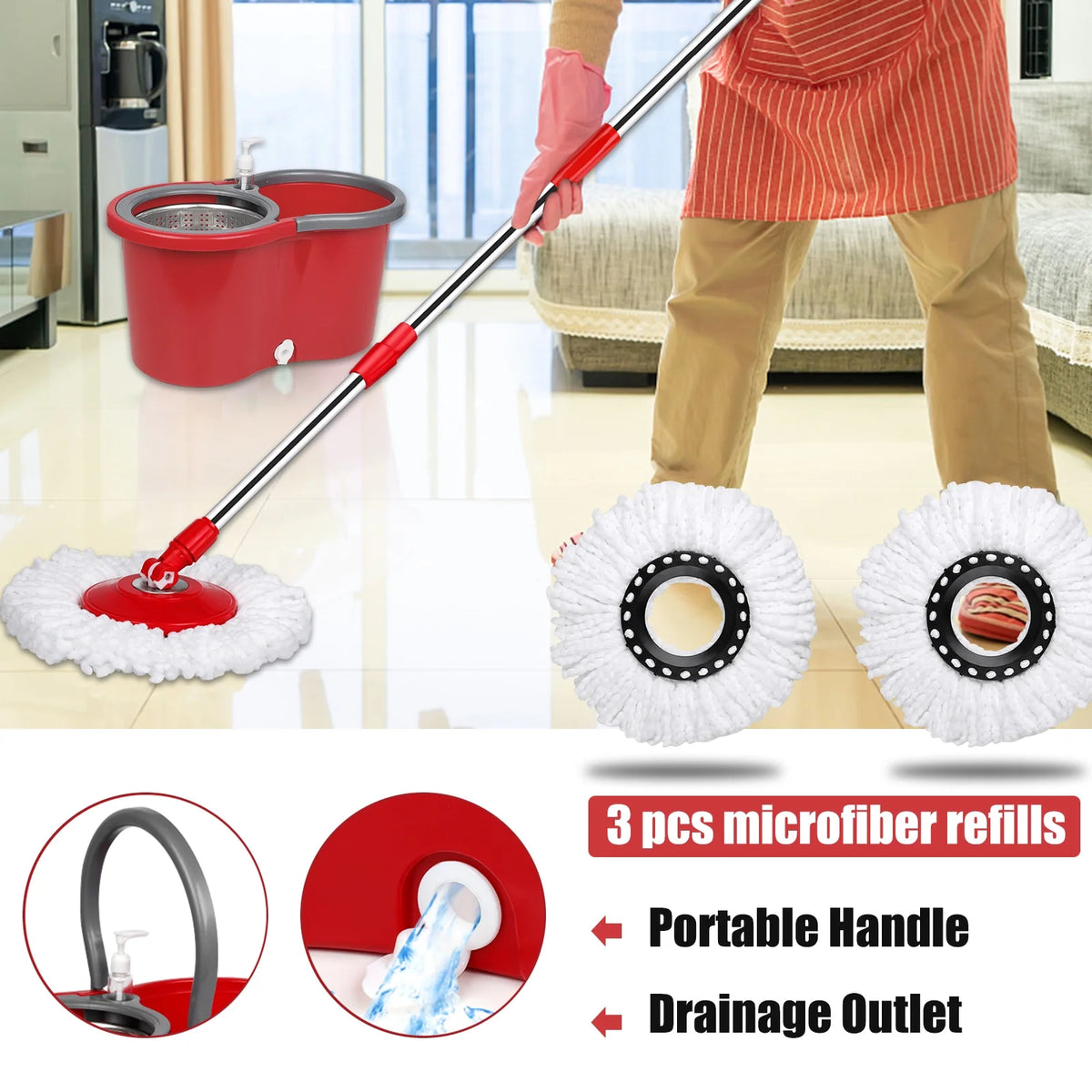 Red & Gray Microfiber Spin Mop and Bucket with 3 Mop Heads D138206