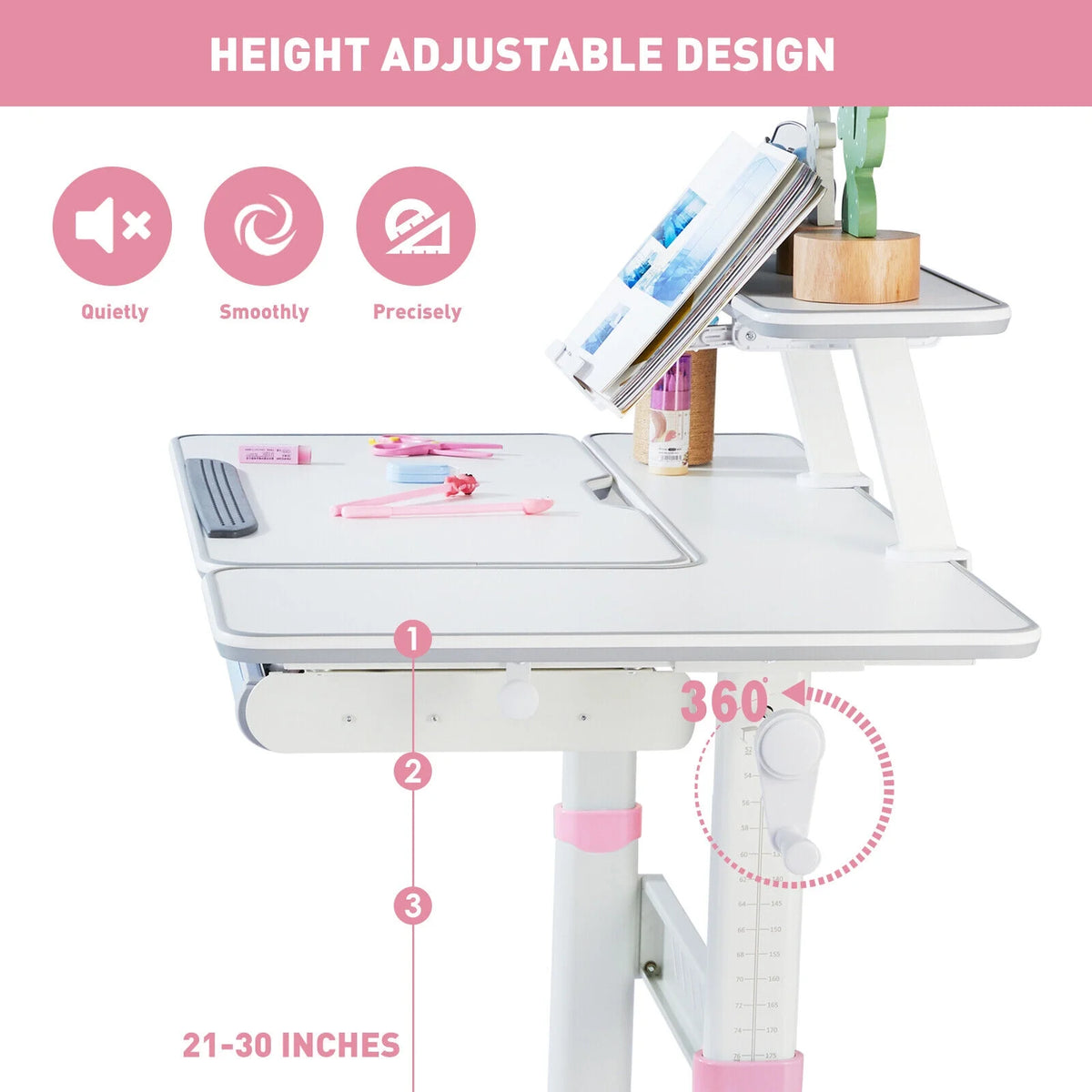 Pink Kids Study Desk and Chair Set with Writing Board, Drawer, Bookstand U68812