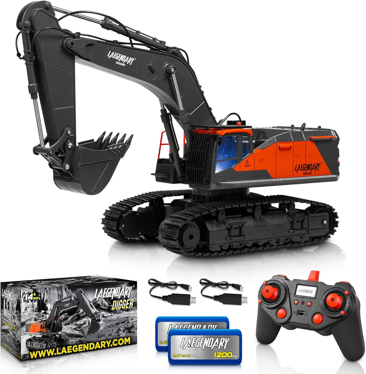 1:14 Scale Remote Control Excavator Toy with Metal Shovel, 2 Batteries & 2 Chargers R193
