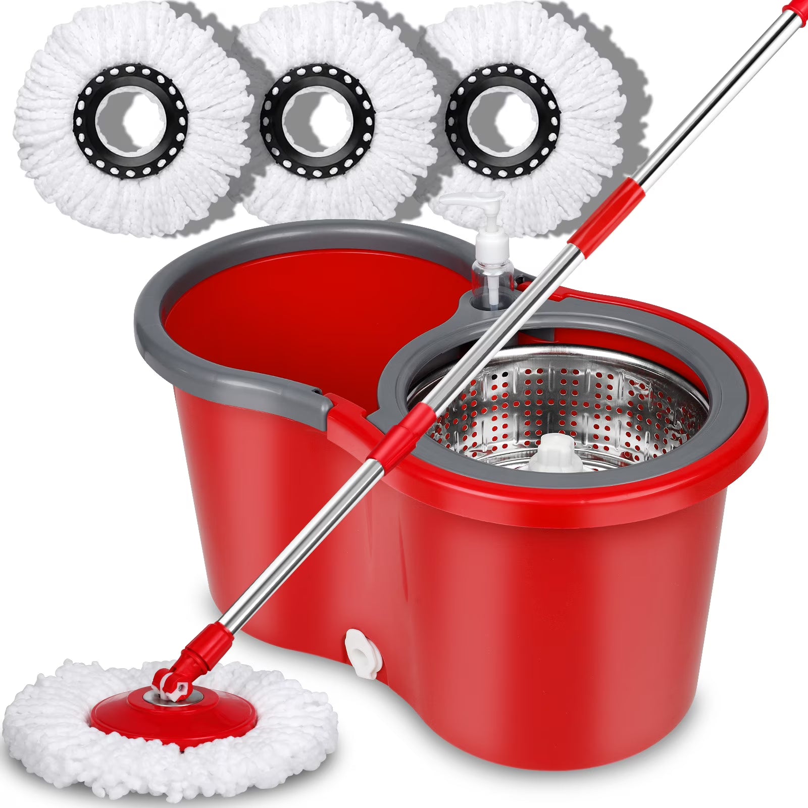 Red & Gray Microfiber Spin Mop and Bucket with 3 Mop Heads D138206