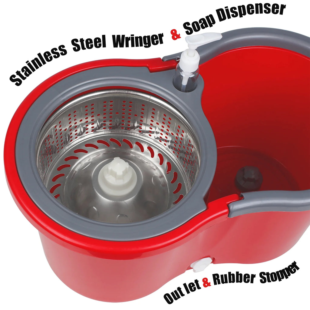 Red & Gray Microfiber Spin Mop and Bucket with 3 Mop Heads D138206