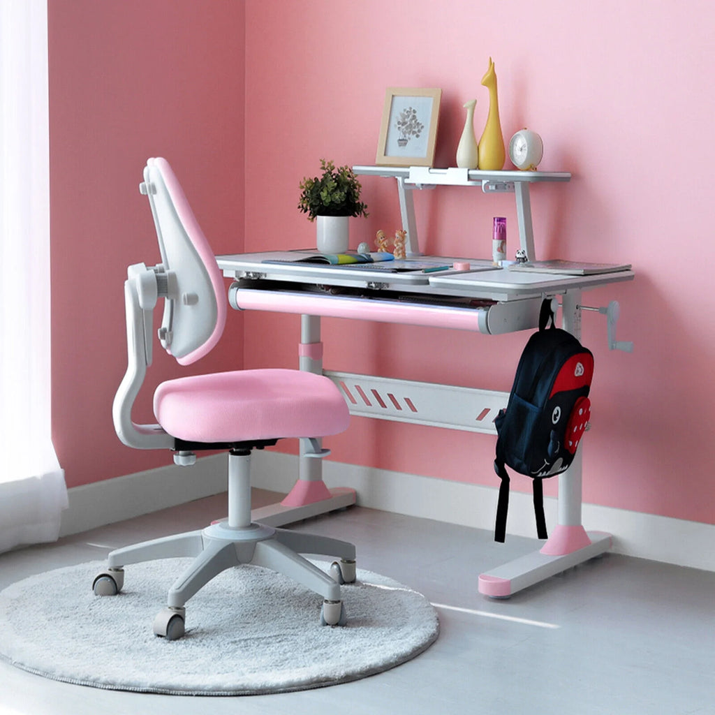 Pink Kids Study Desk and Chair Set with Writing Board, Drawer, Bookstand U68812