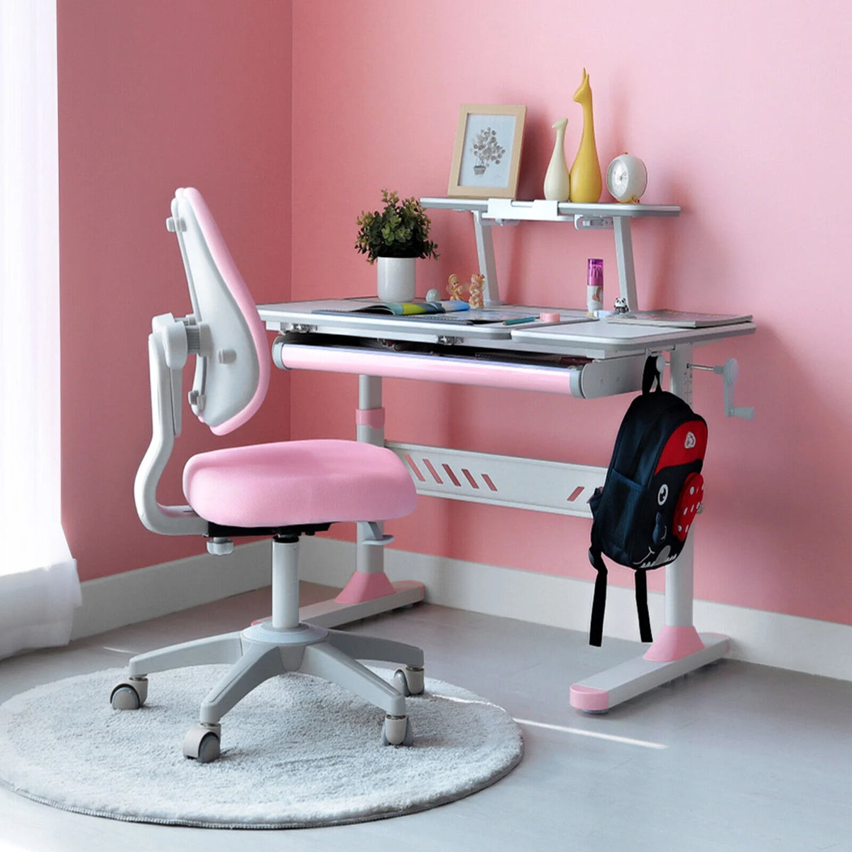Pink Kids Study Desk and Chair Set with Writing Board, Drawer, Bookstand U68812