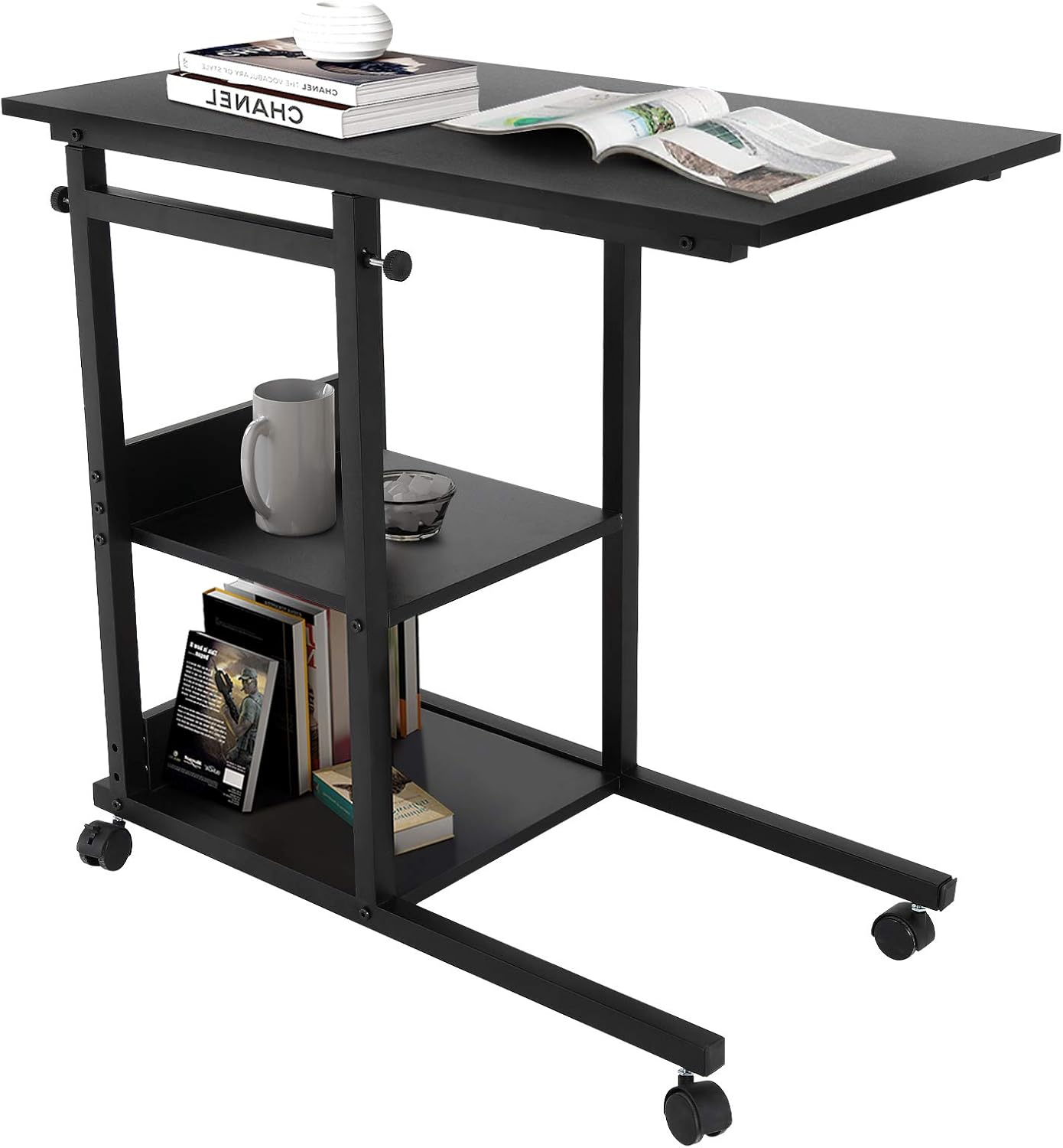 Black C-Shaped Mobile Wooden Side Table with Storage M2094