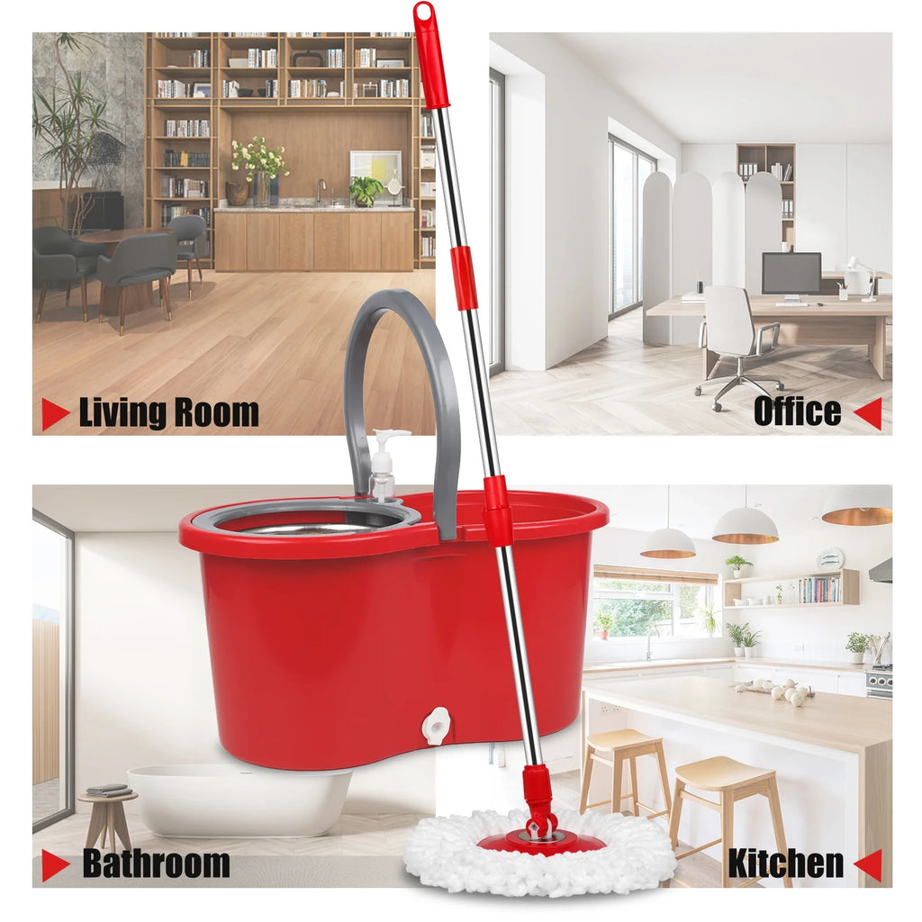 Red & Gray Microfiber Spin Mop and Bucket with 3 Mop Heads D138206